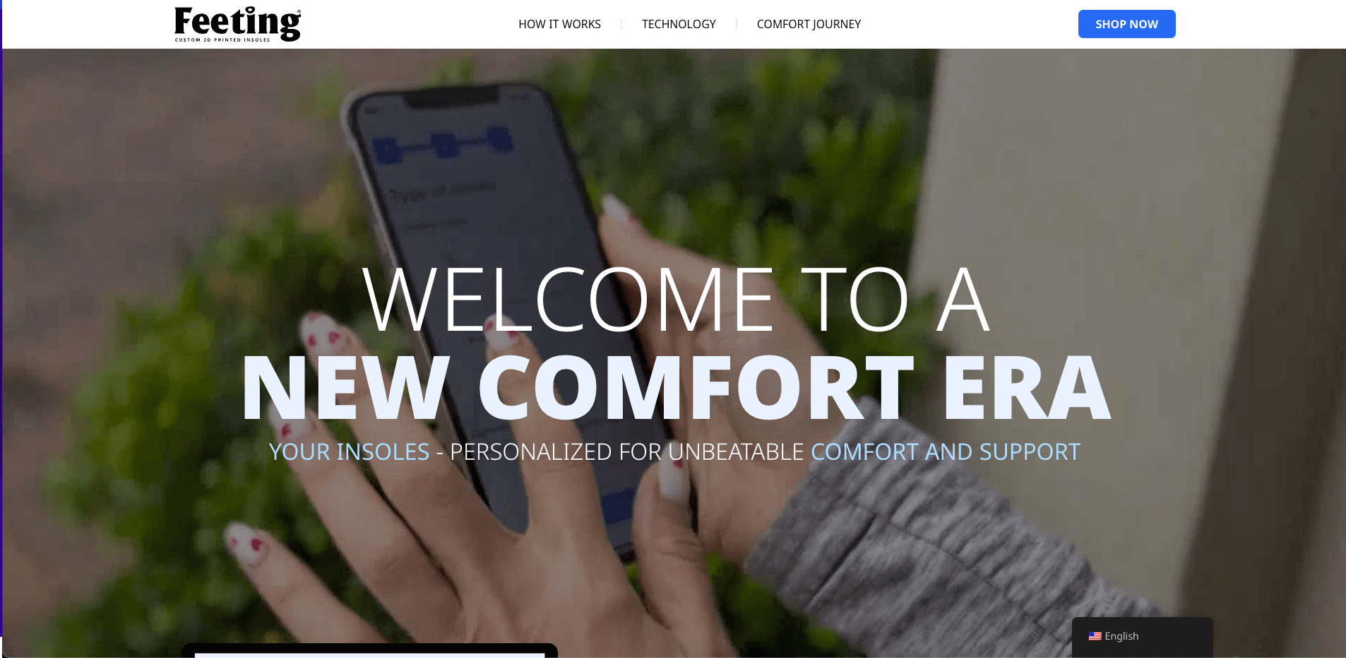 An insole brand home page, with footage of the scanning app being used on a phone behind the headline and a shop link.