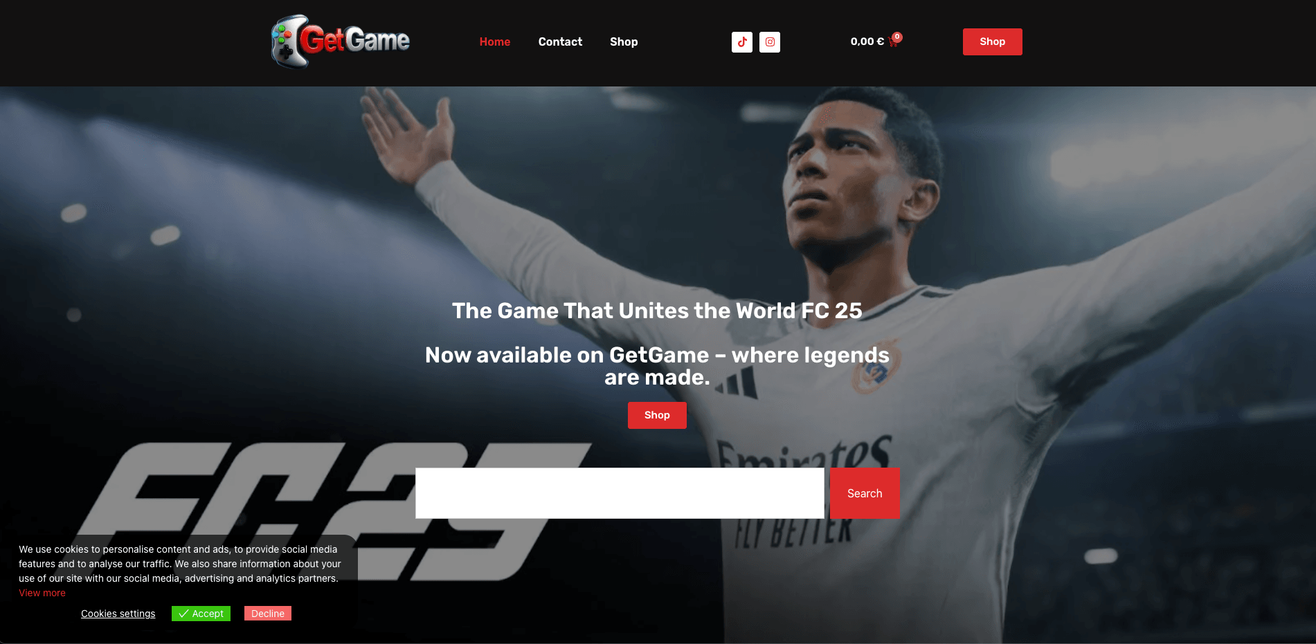 A game storefront with a football title promotion, a product search bar, cart total and a cookie notice in the corner.