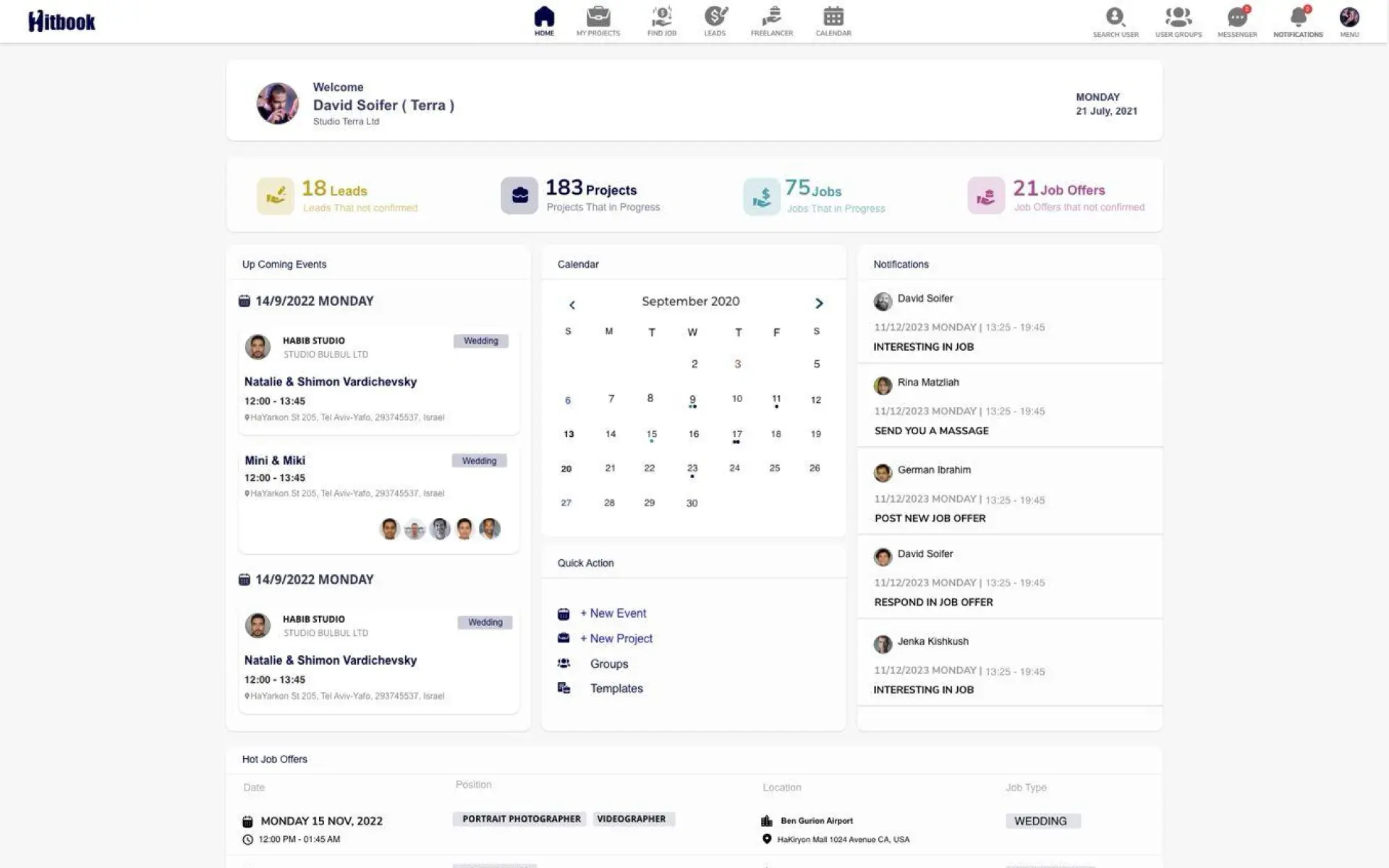 A freelancer home screen with lead, project and job-offer counters above upcoming wedding bookings, a month calendar and a notification feed.