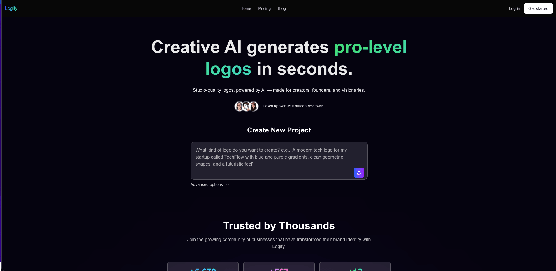 A logo generator home page: a prompt box asking what kind of logo to create, with advanced options beneath it.