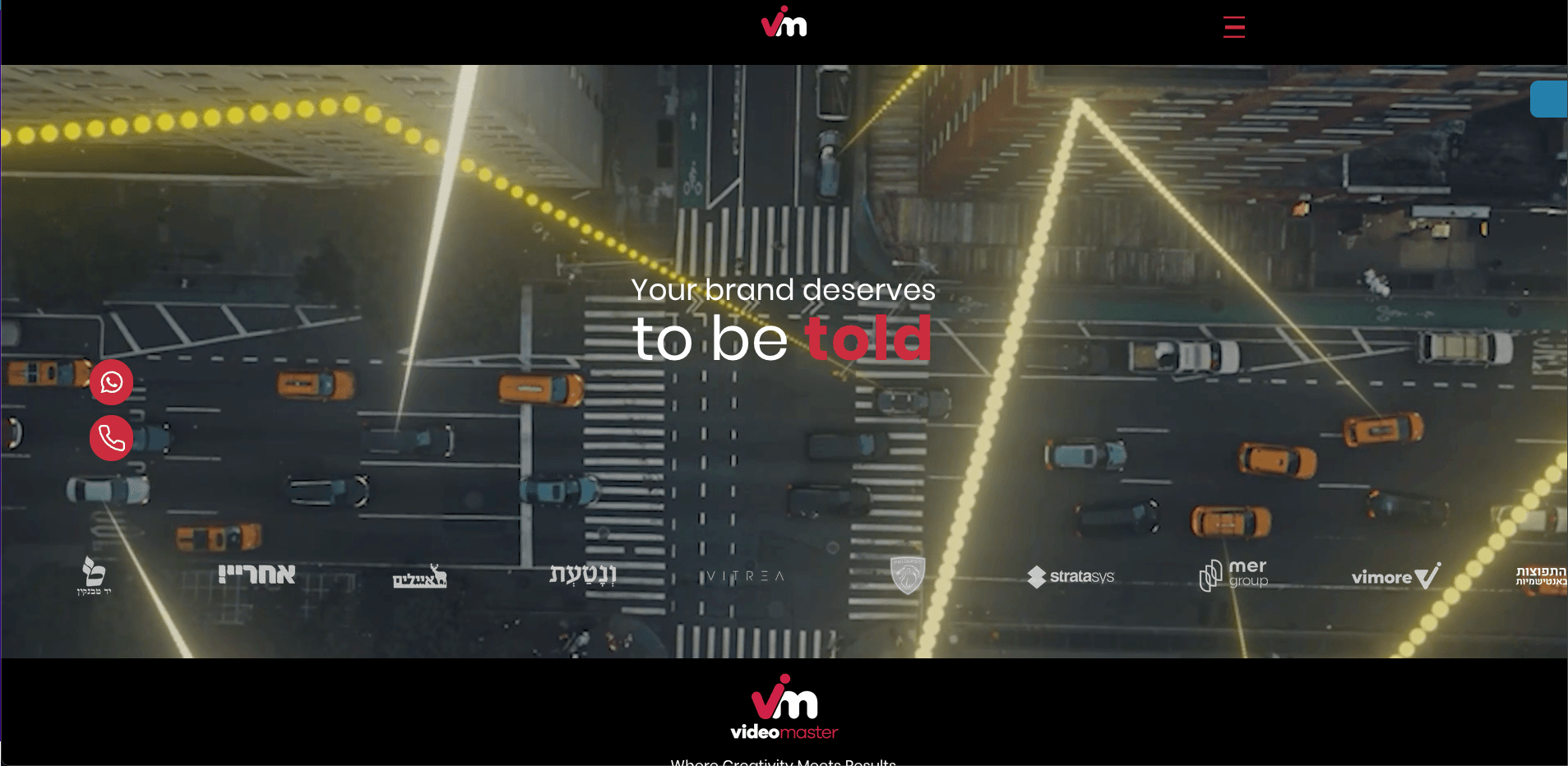 A video studio home page: an aerial shot of a city intersection behind the headline, with a row of client logos along the bottom.