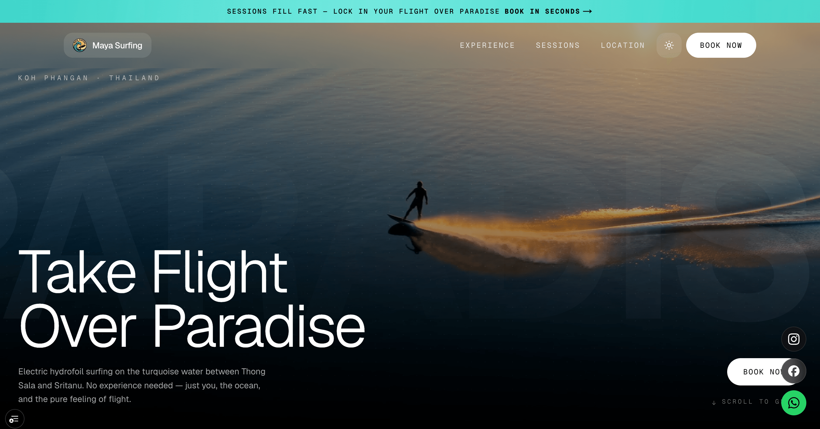 A surf school home page: an aerial photograph of a hydrofoil rider cutting across the water at sunset, with session booking calls to action.