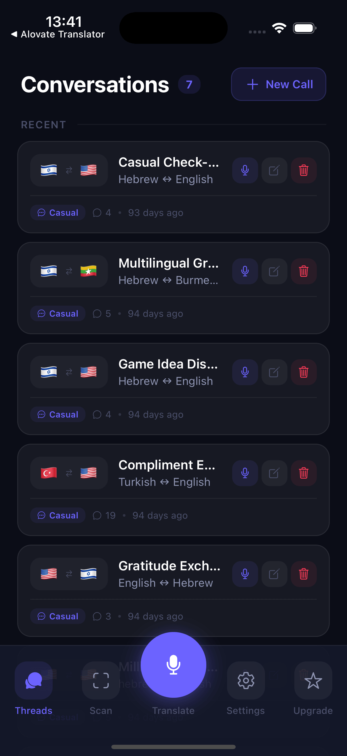 A conversation list on iPhone, each thread labelled with its language pair — Hebrew to English, Hebrew to Burmese, Turkish to English — above a large microphone button.